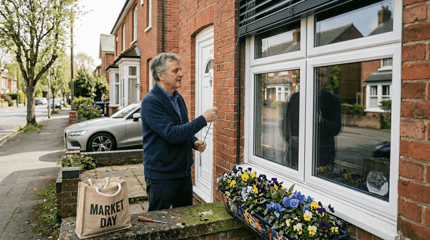 Homeowner adjusting external window blinds