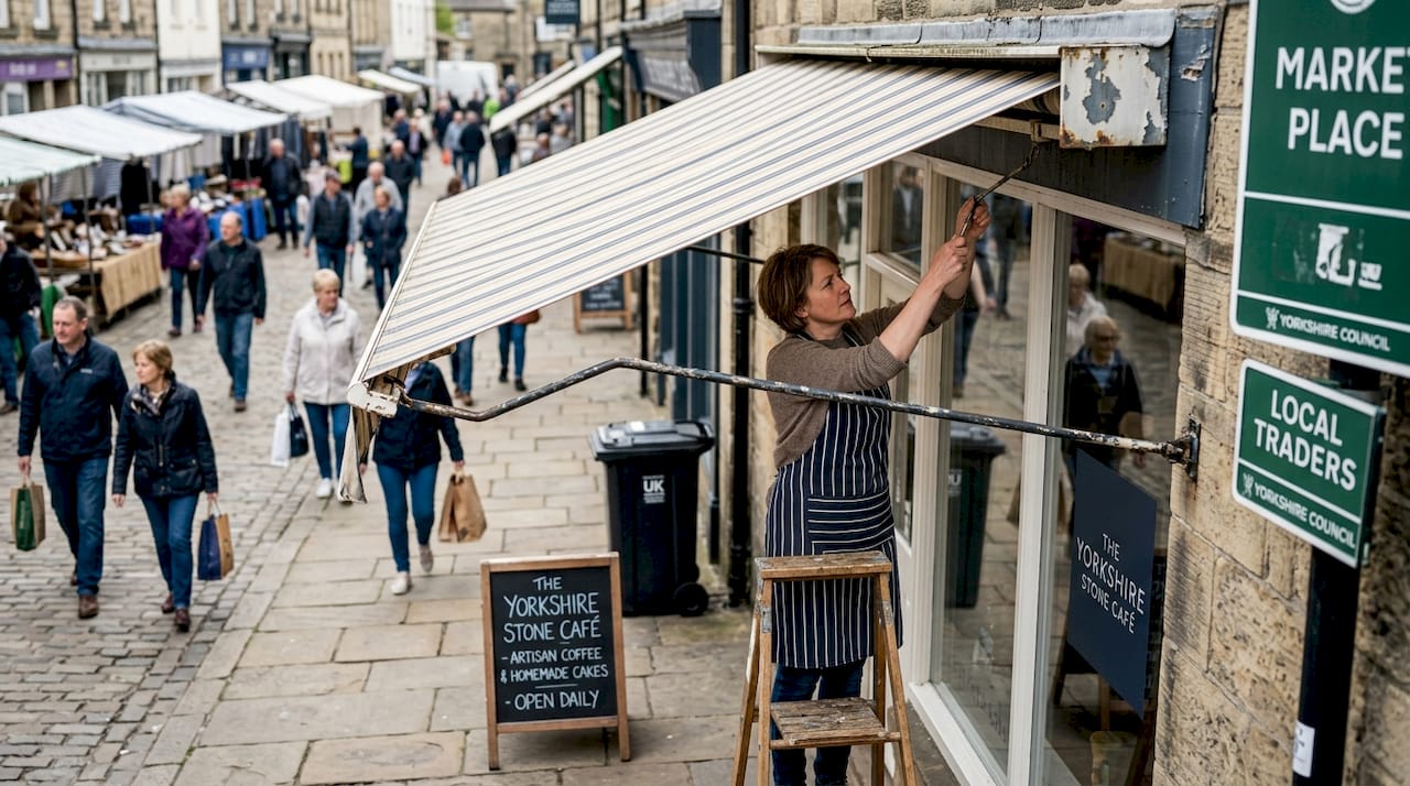 Shop owner adjusting commercial café awning