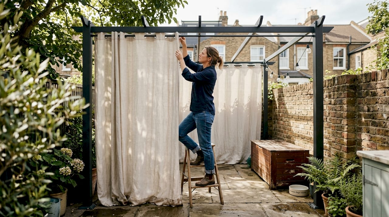 Woman installing pergola curtains on patio