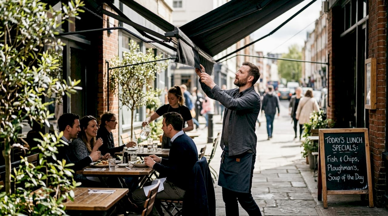 Restaurant owner extends shade awning over diners