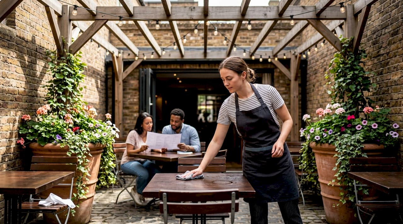 Waitress cleans tables under pergola restaurant shade