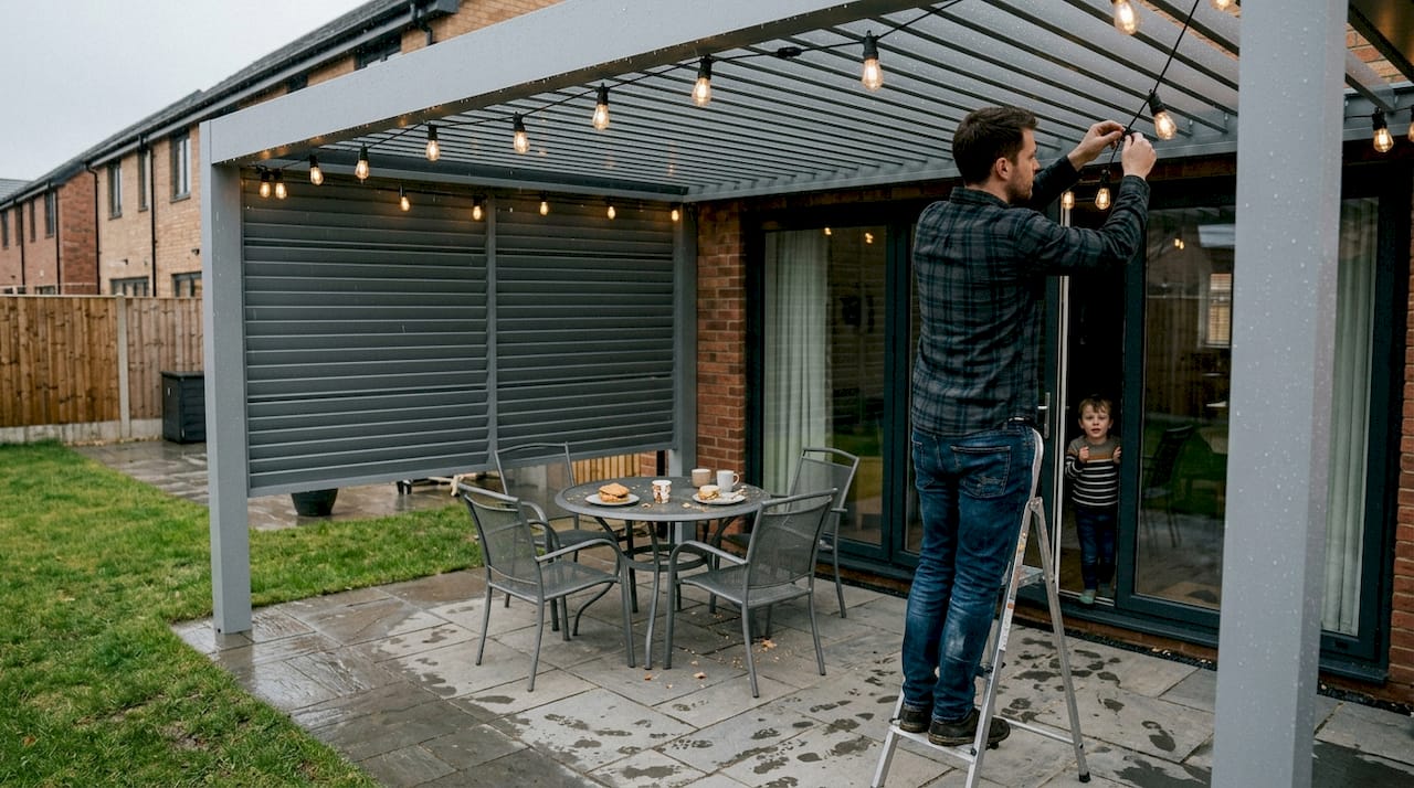 Modern louvred pergola installation on stone patio