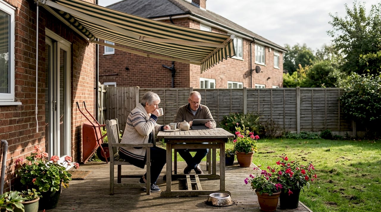 Couple under retractable awning in UK garden