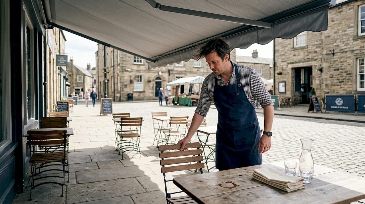 Restaurant manager prepping shaded awning terrace