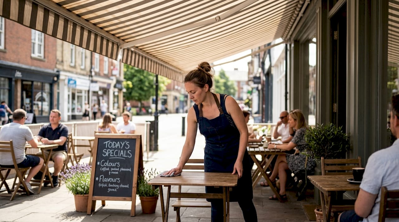 Café awning providing shaded comfort for customers