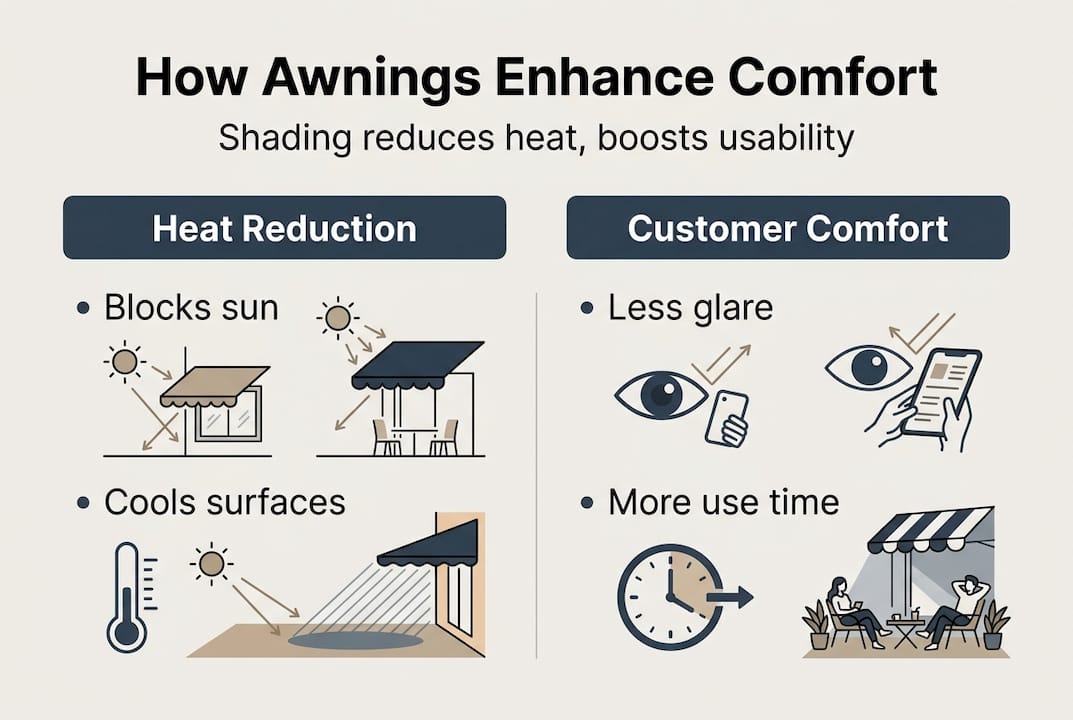 Infographic showing how awnings reduce heat and increase comfort