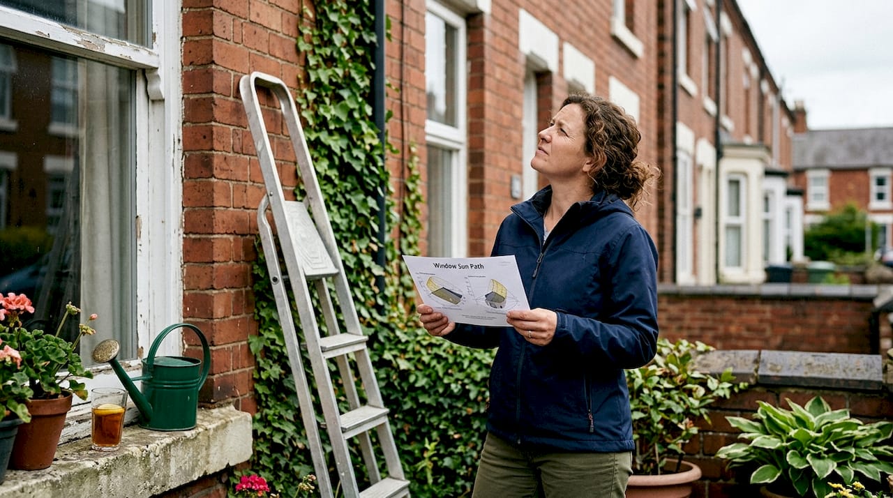 Woman checking sun angle for window awning