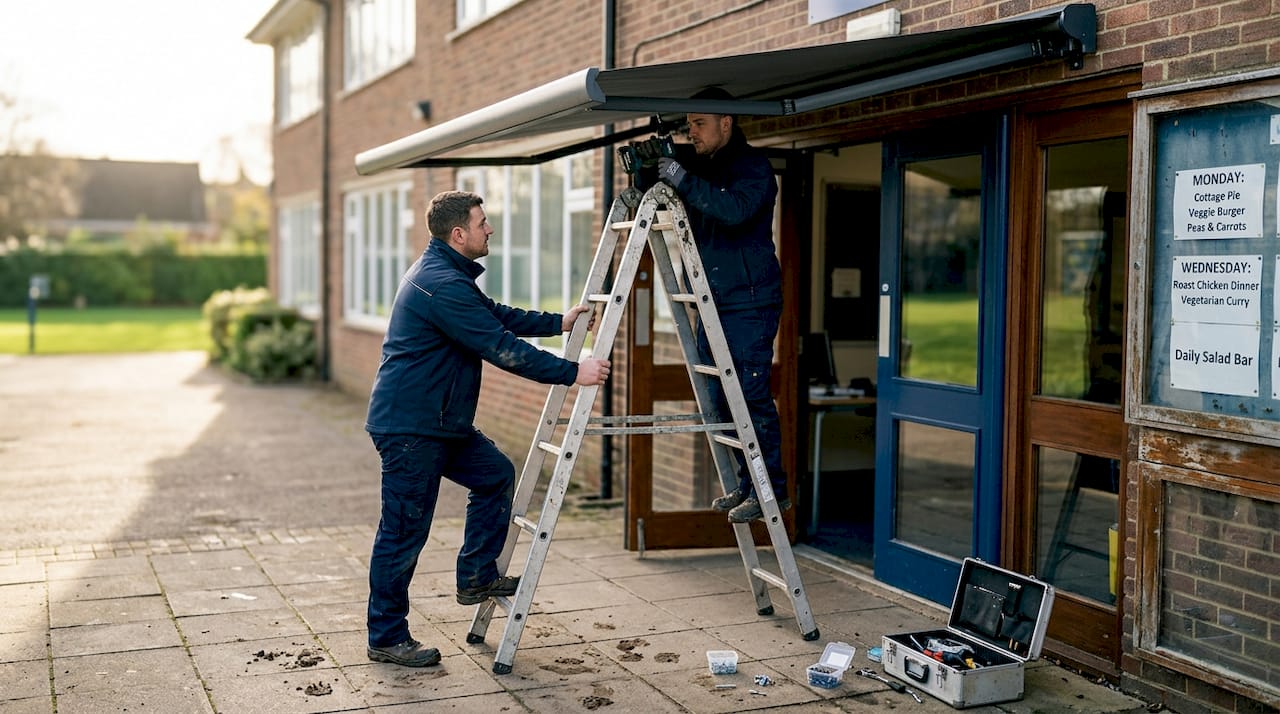 Workers install school awning over entrance