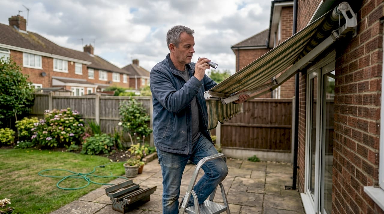 Homeowner inspecting awning on brick house