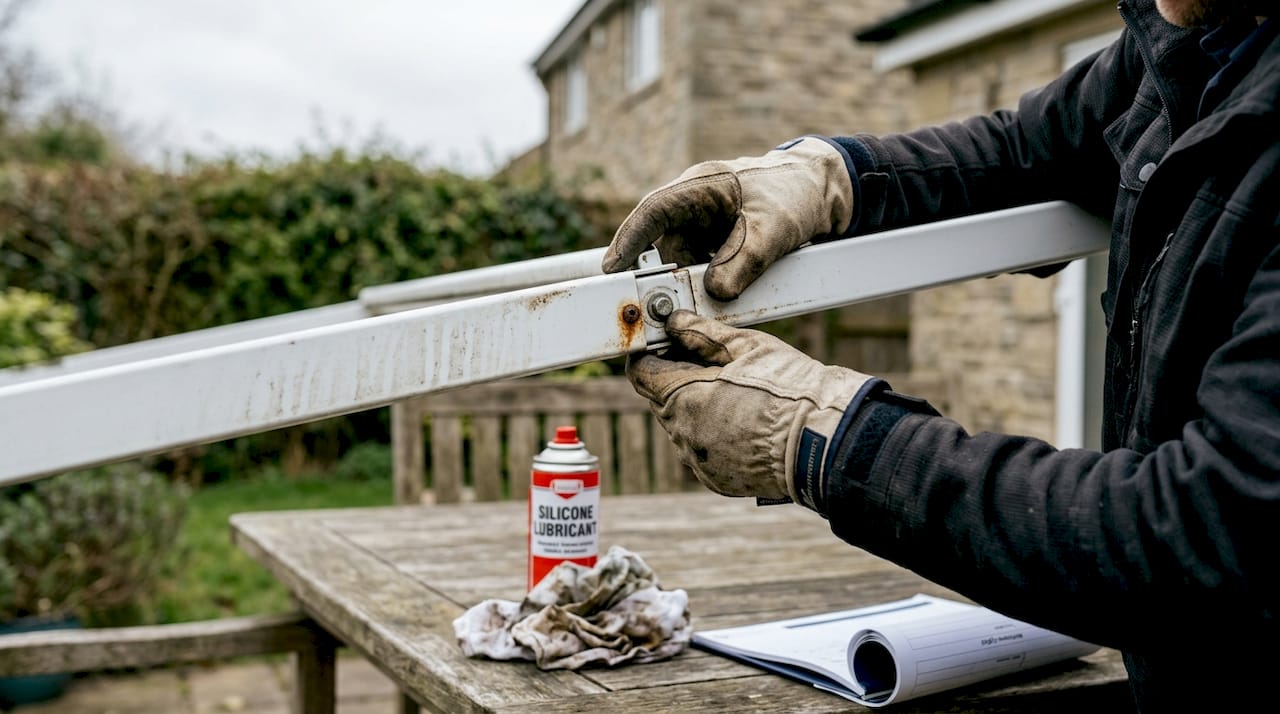 Hands checking awning joints for rust