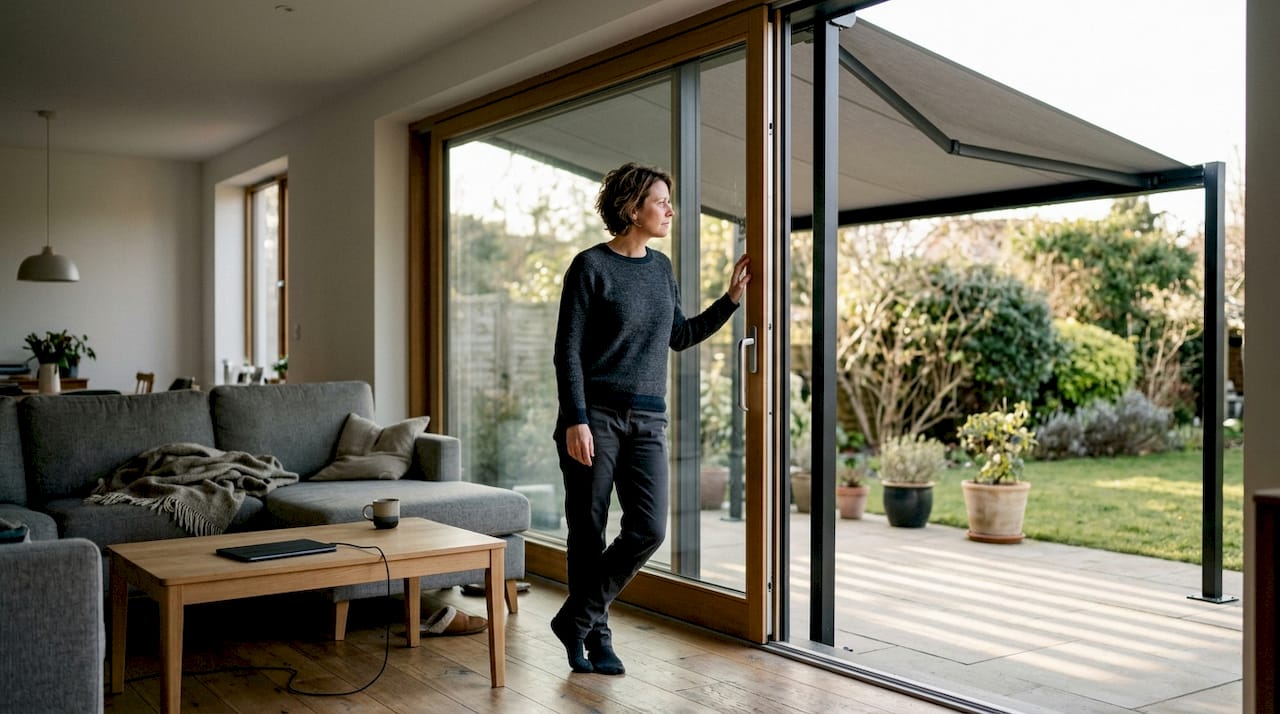 Modern awning blending into home exterior