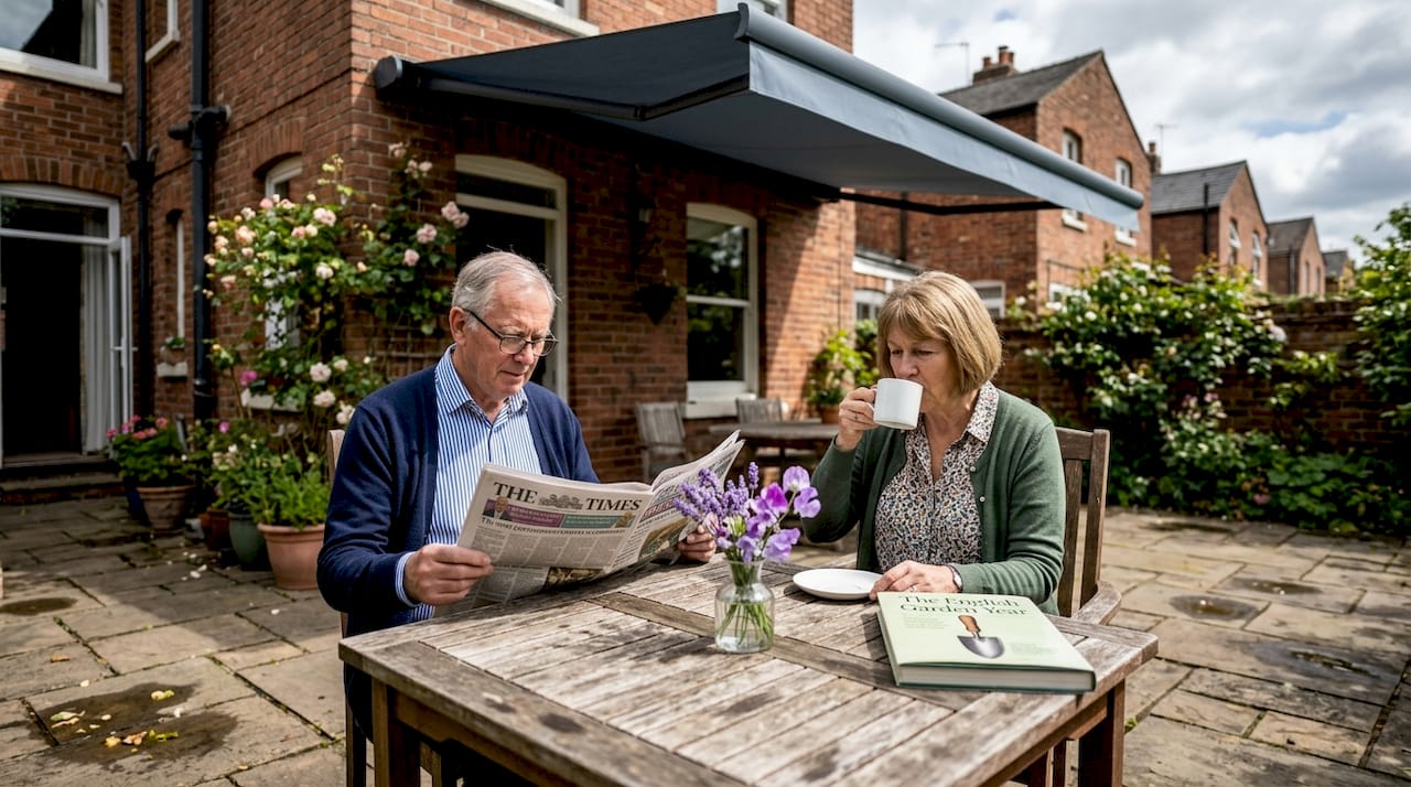 Couple relaxing under modern garden awning