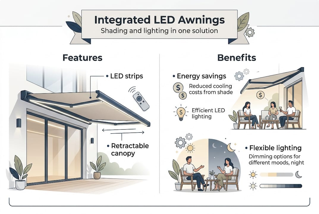 Infographic showing LED awning features and benefits