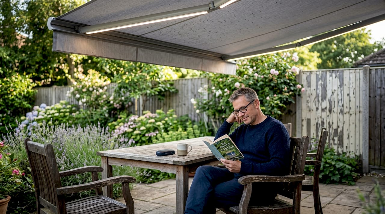 Person reading under LED awning in garden