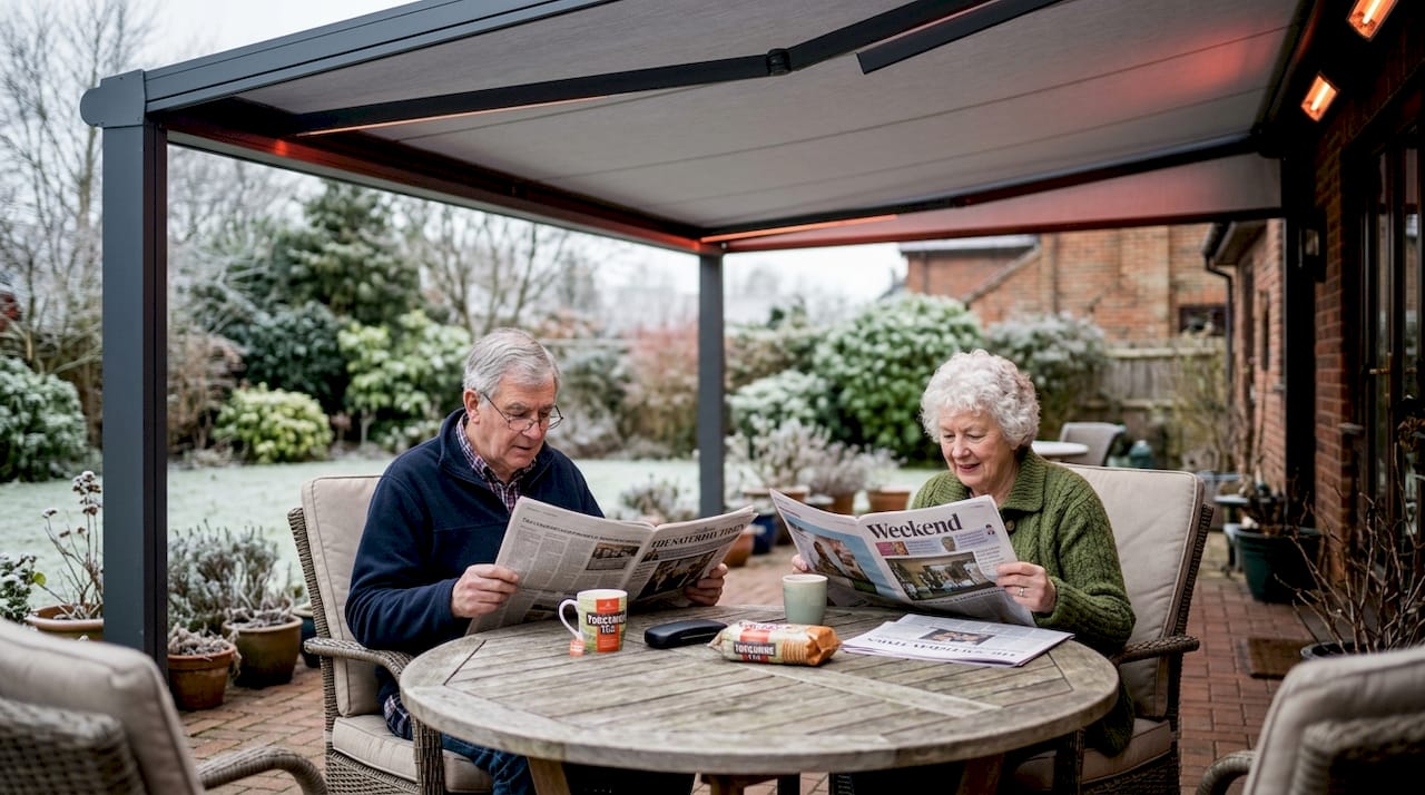 Couple reading under heated patio awning in winter