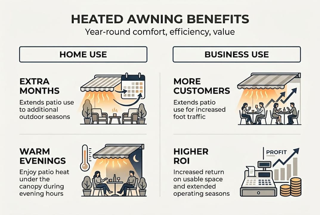 Infographic compares heated awning benefits for home and business