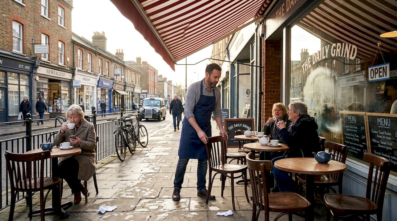 UK café manager arranging outdoor seating under awning