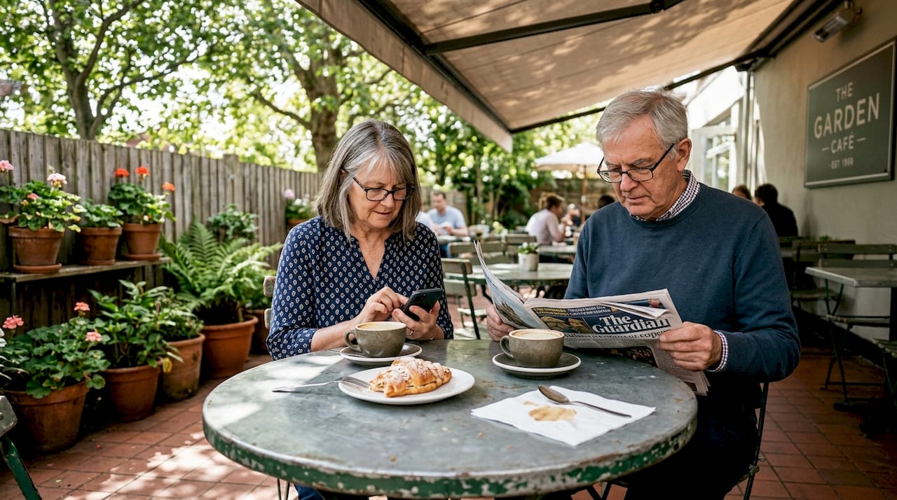 Guests relaxing below a fixed awning at UK restaurant