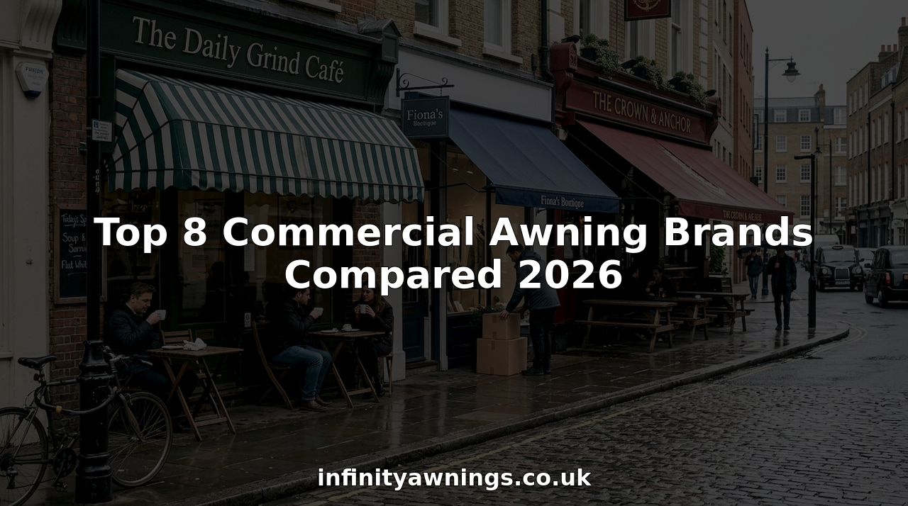 City street with businesses and varied commercial awnings