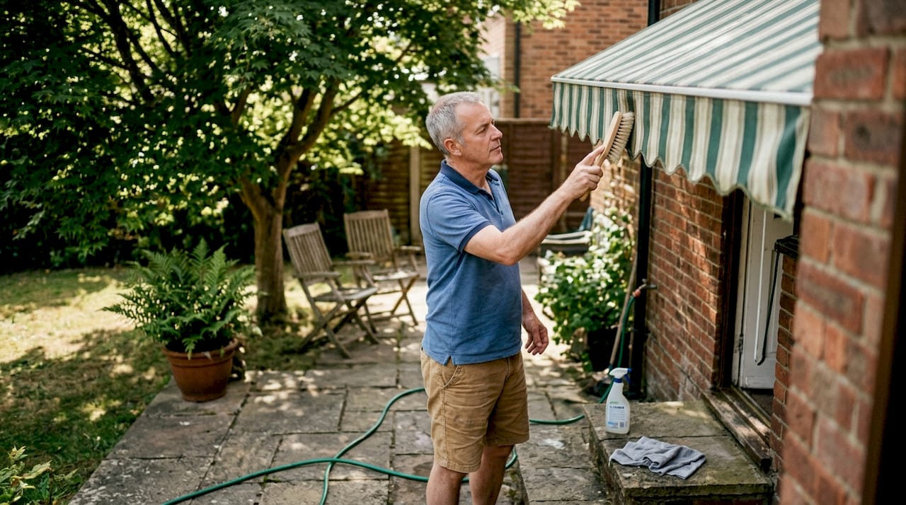 Man cleaning backyard awning with brush
