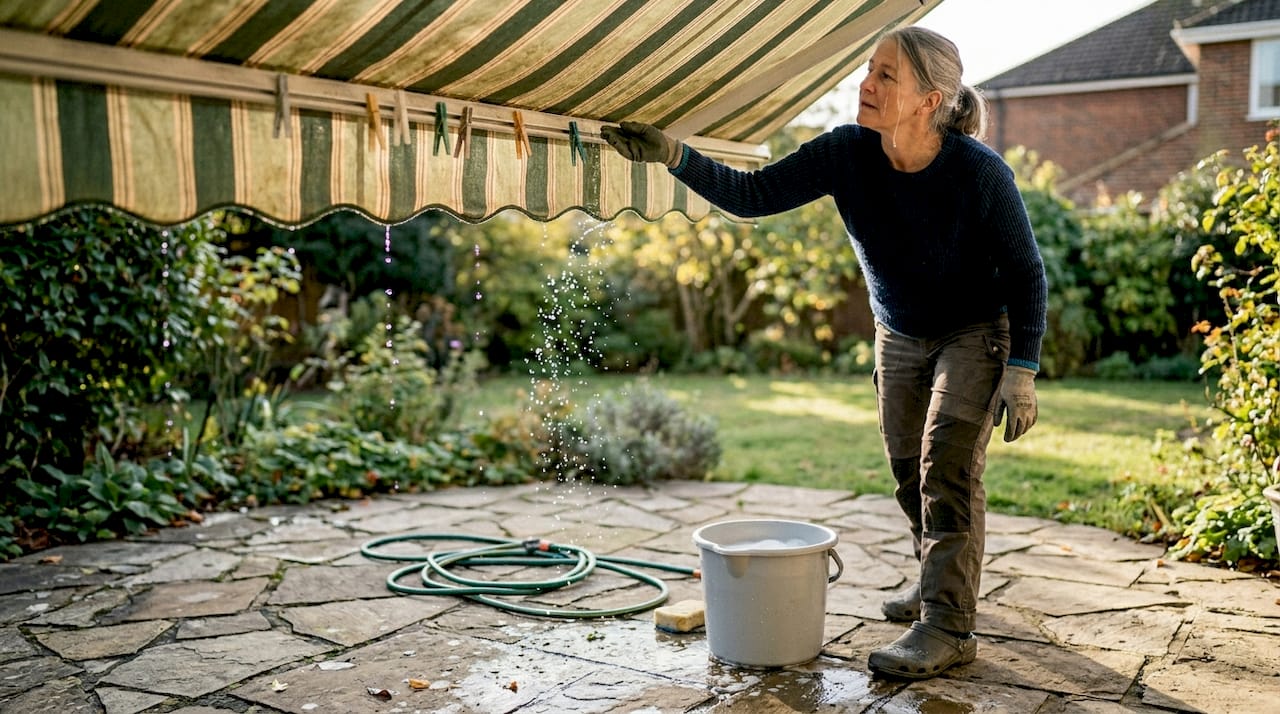 Woman drying awning after gentle cleaning