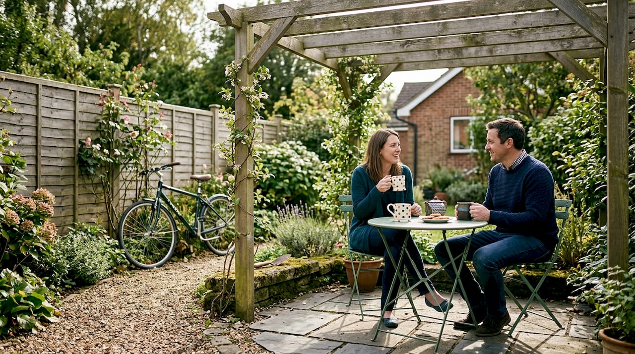 Couple relaxing under timber garden pergola