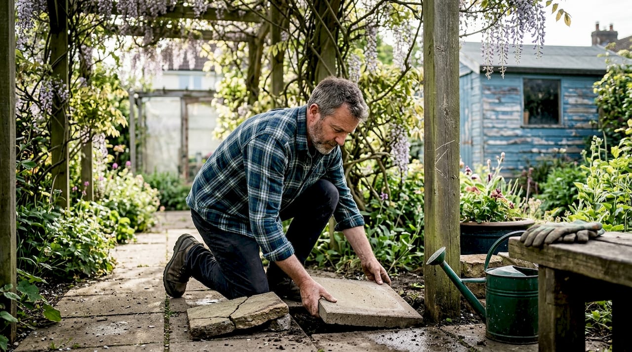 Gardener repairing stone under timber pergola
