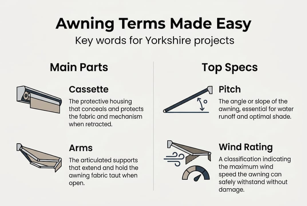 Infographic showing key awning terms and specs