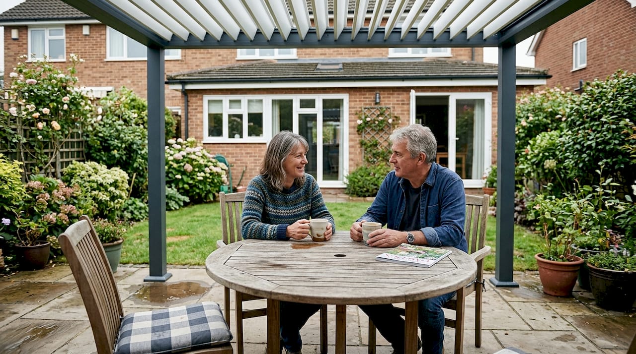 Couple enjoying patio under all-weather shading