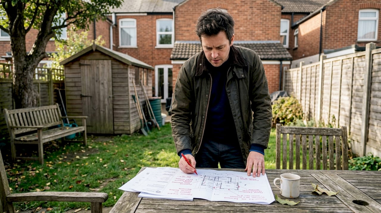 Man reviewing garden pergola plans outside