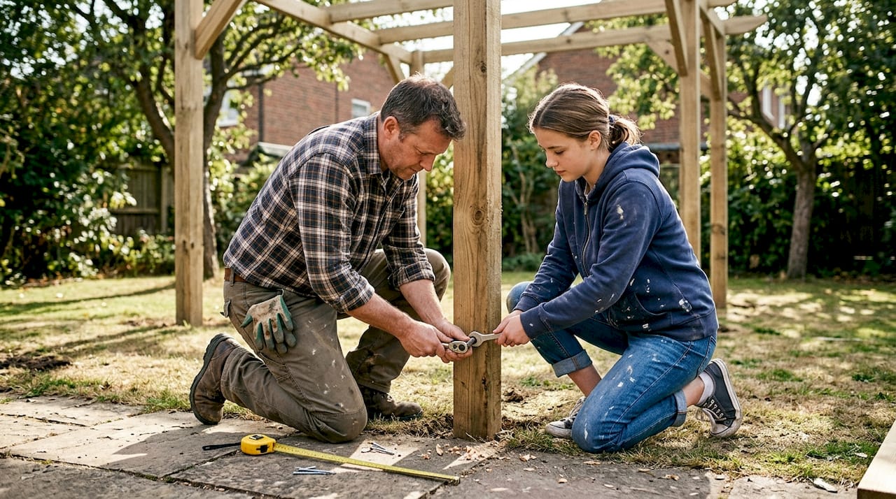 Family assembling timber pergola in garden