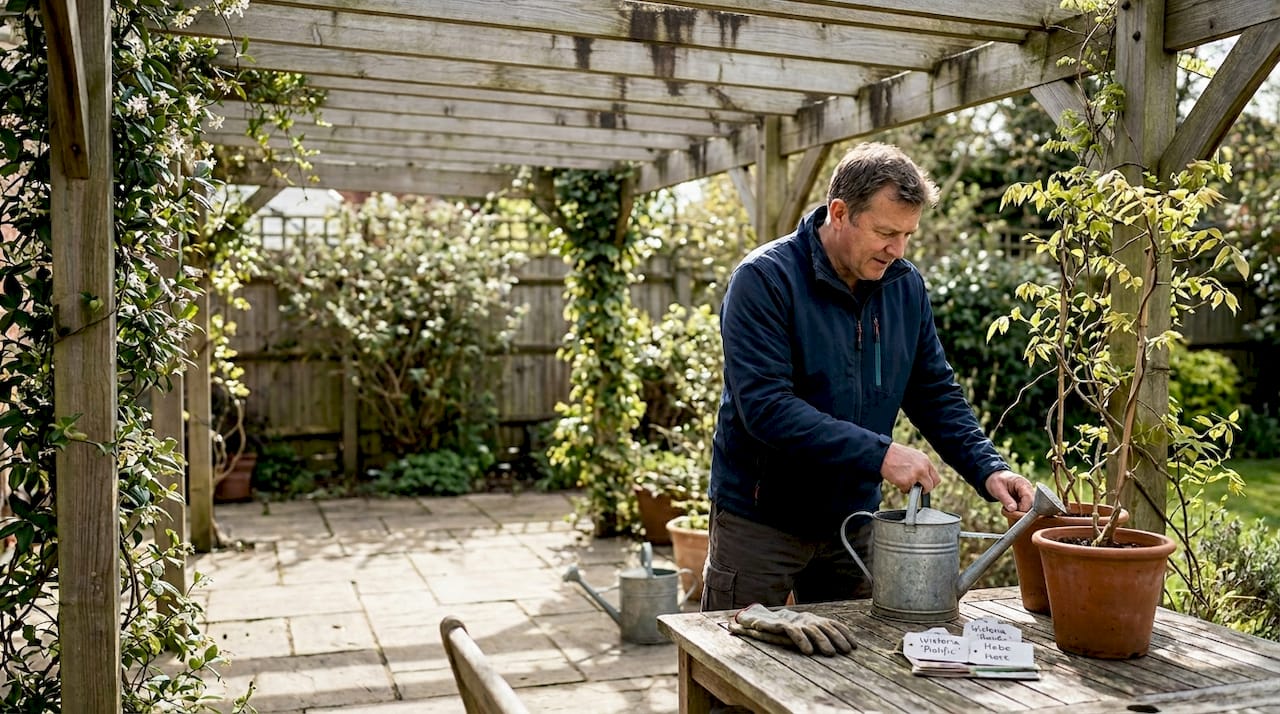 Homeowner tending garden beneath pergola roof