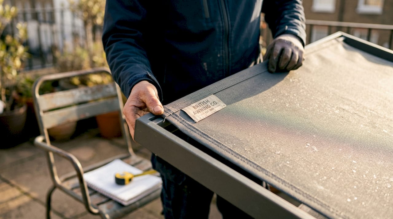 Close-up inspecting UV awning fabric and frame