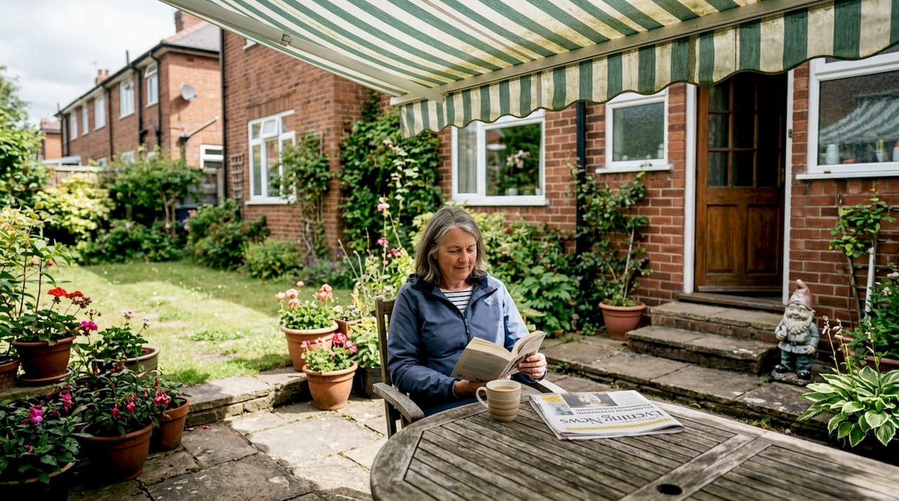 Woman reading beneath UV protection awning in garden