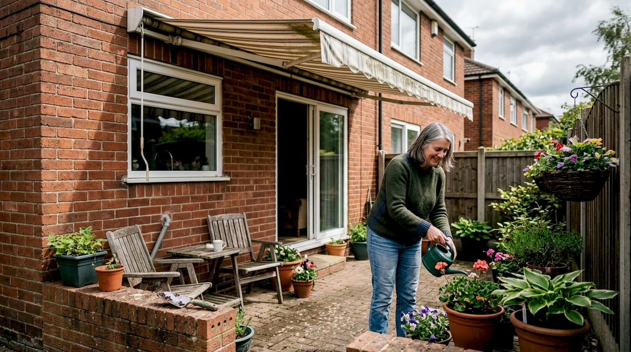 Homeowner using awning on brick patio