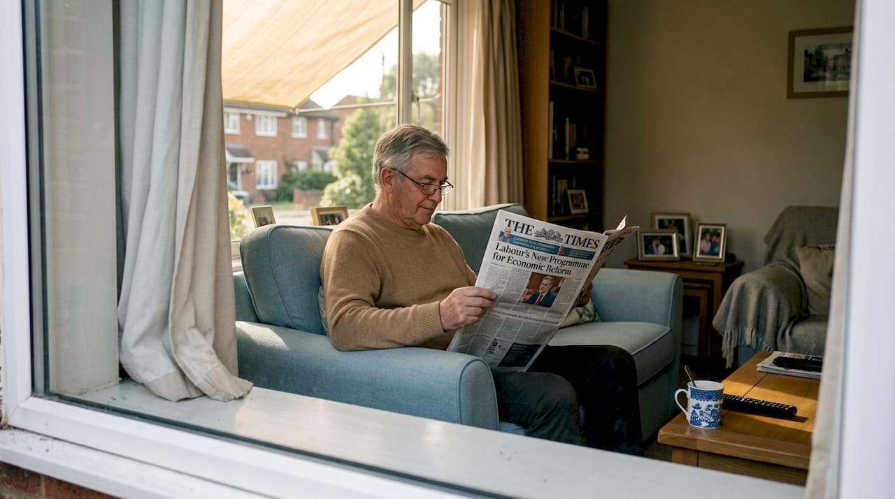Man reading in awning-shaded living room