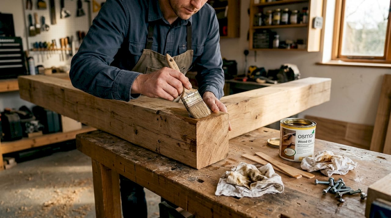 Person oiling oak beam for pergola