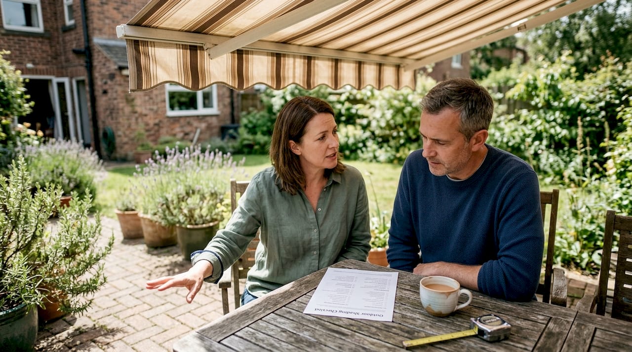 UK couple reviewing patio shading checklist