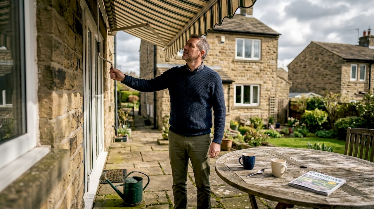 Man operating retractable awning on patio