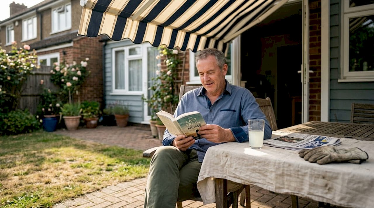 Man reading under UV awning on patio
