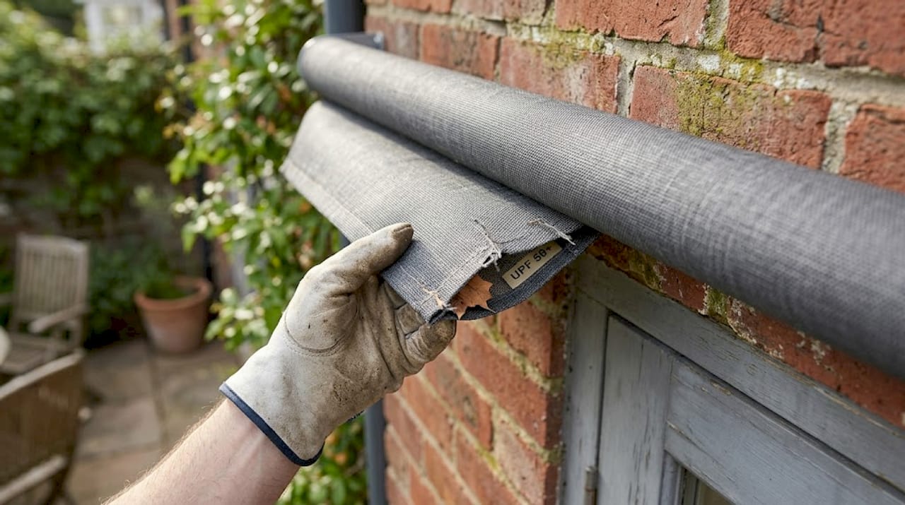 Close-up of hand inspecting awning fabric