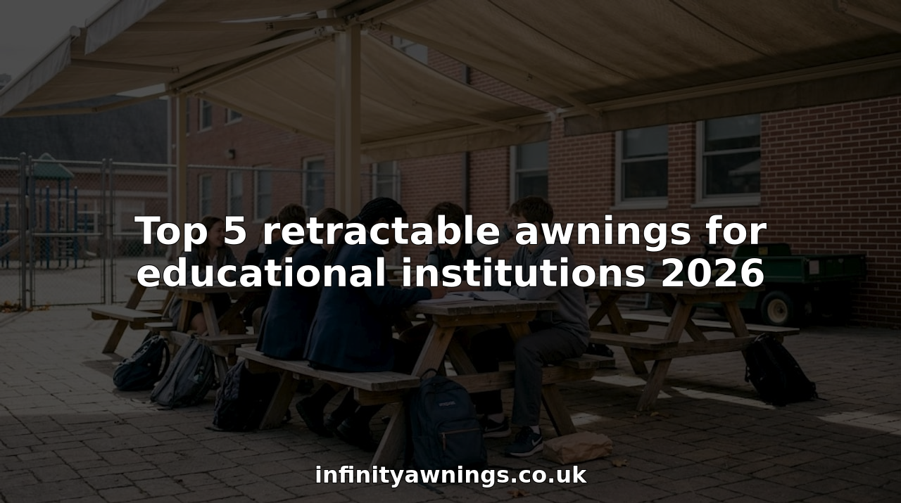 Students using shaded outdoor area under awnings