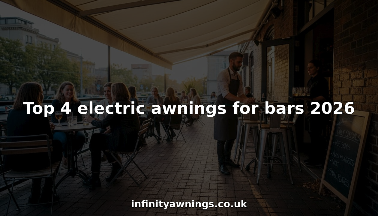 Outdoor bar with electric retractable awning at sunset