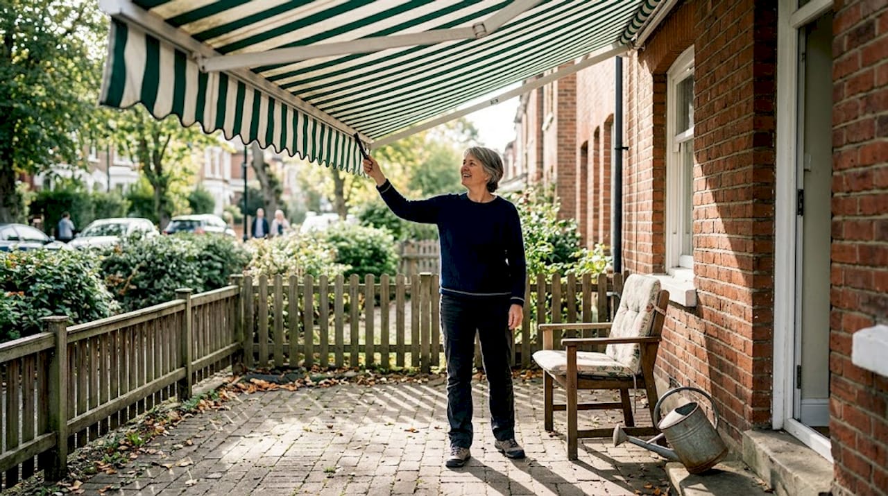 Homeowner adjusting patio awning reduces noise