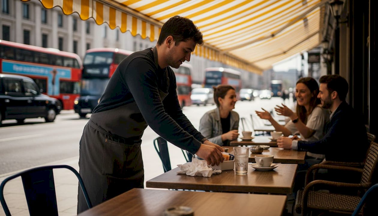 Outdoor café scene with awning and patrons