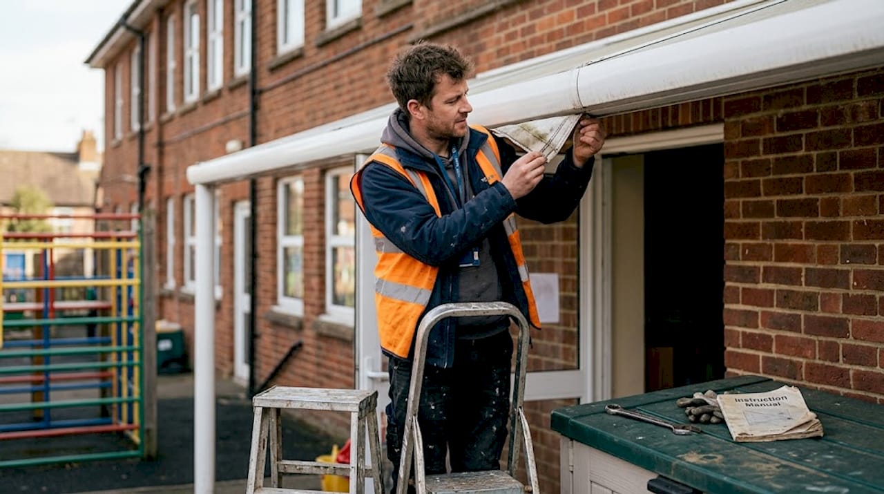 Caretaker inspecting PVC school awning