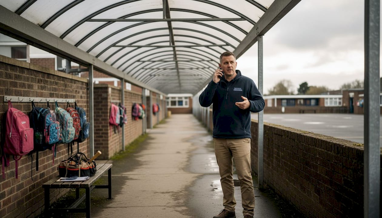 School manager beneath outdoor awning