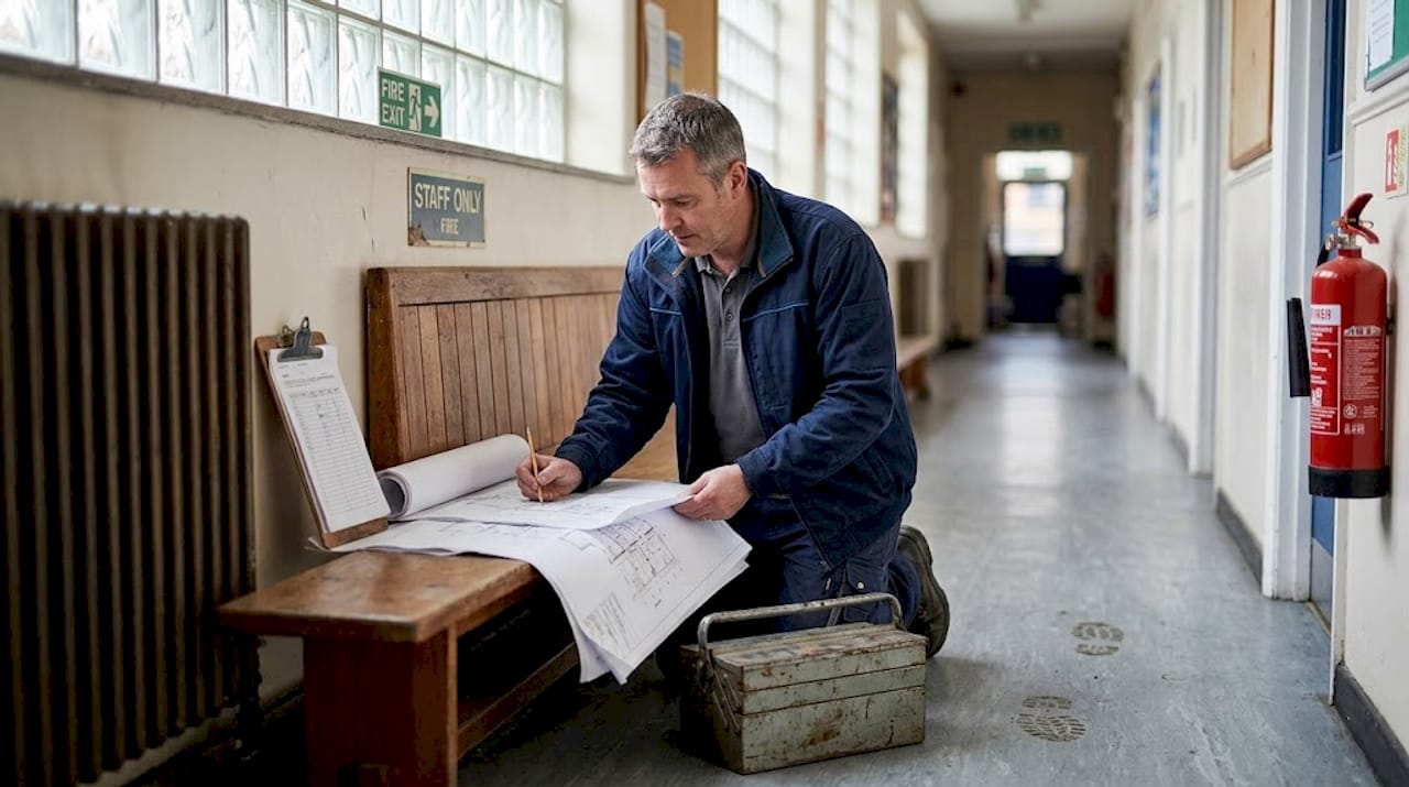Facilities manager checks school blueprints onsite