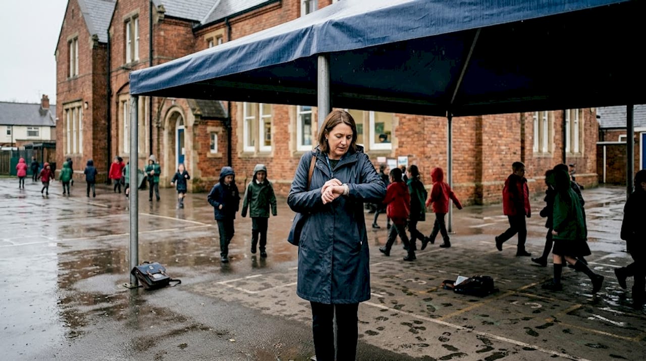 School headteacher under awning on rainy playground