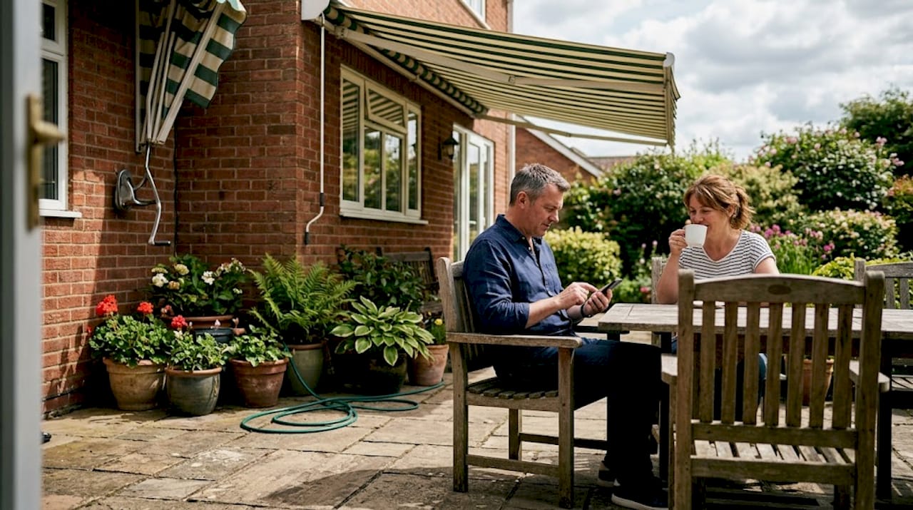Couple comparing awnings on home patio